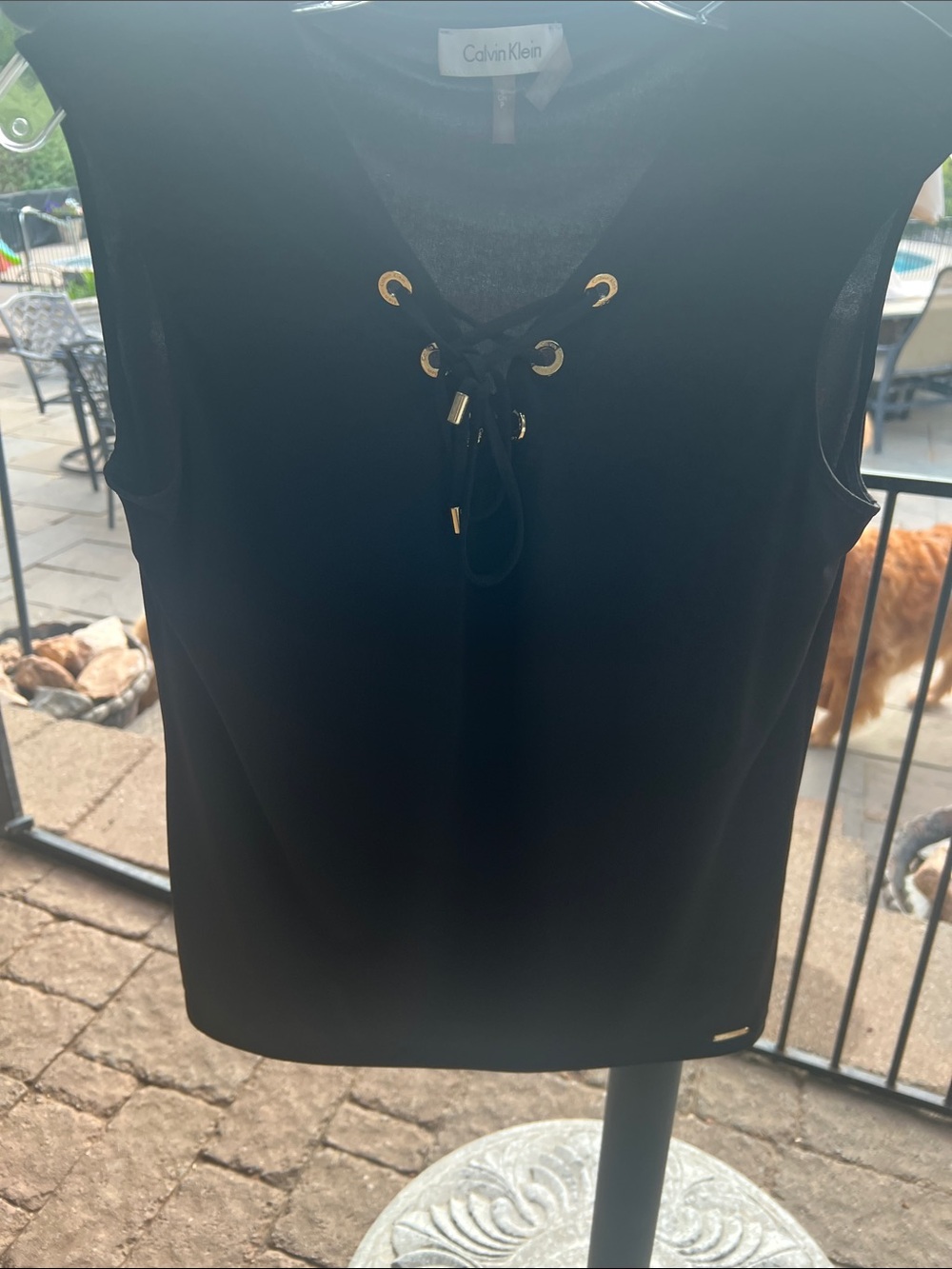 Calvin Klein Black Sleeveless Lace-Up Top with Gold Accents
